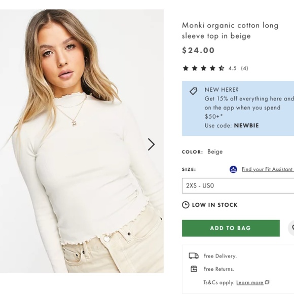 ASOS Tops - Asos Monki Organic  Cotton Long Sleeve Top In Beige Size XS NWT